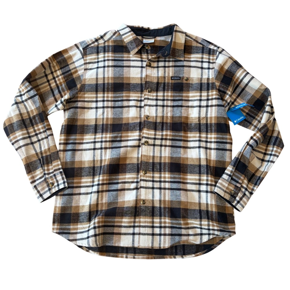 NWT Columbia Mens Pitchstone Heavyweight Flannel Plaid Shirt Brown Tan Large
